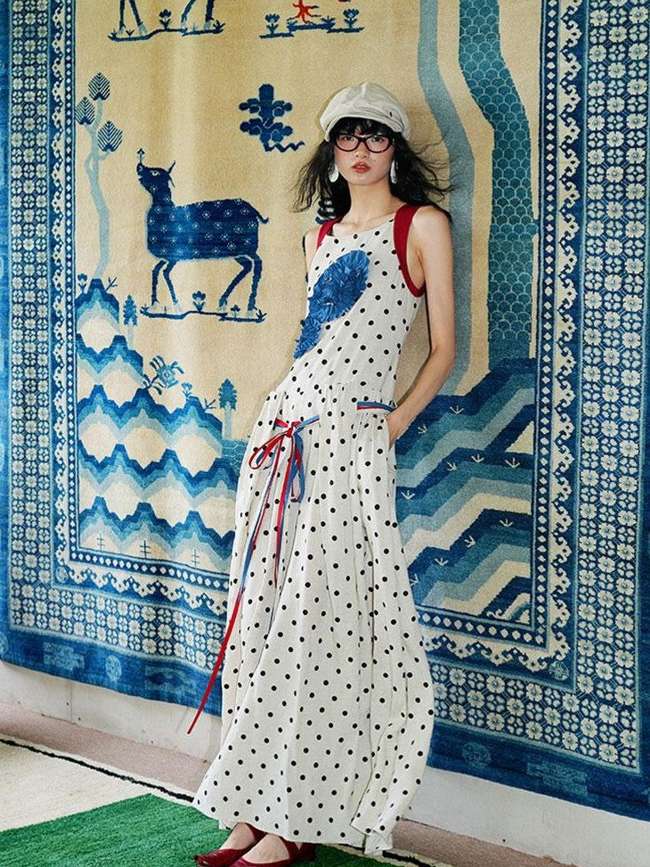 badtaste Western Polka Dot 3d Rosette Women's Linen Slip Maxi Dresses