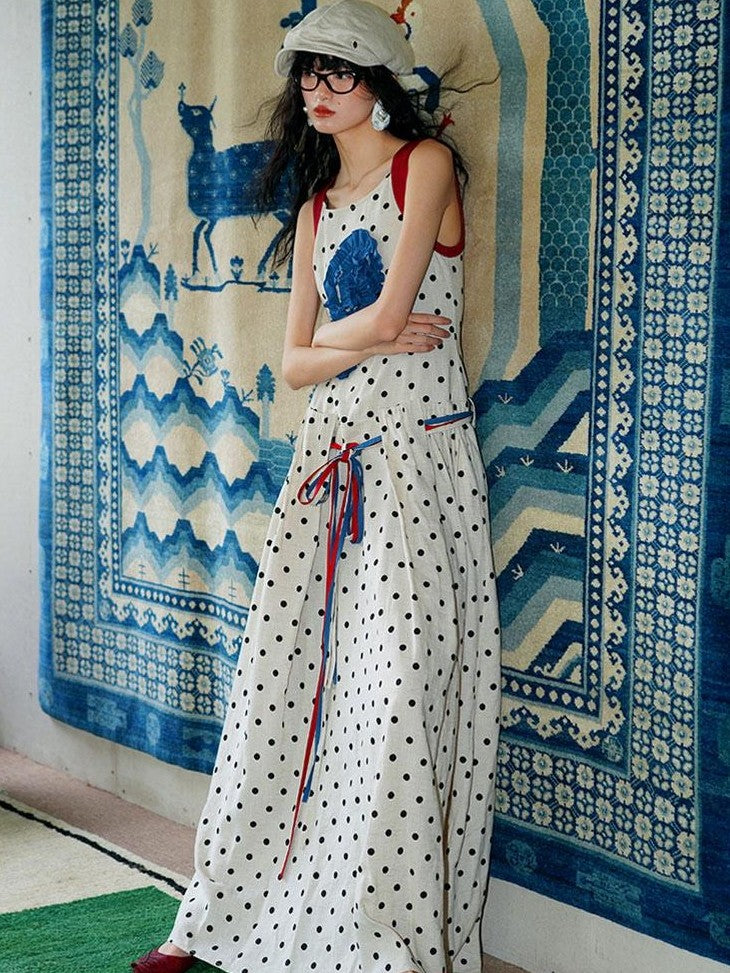 badtaste Western Polka Dot 3d Rosette Women's Linen Slip Maxi Dresses