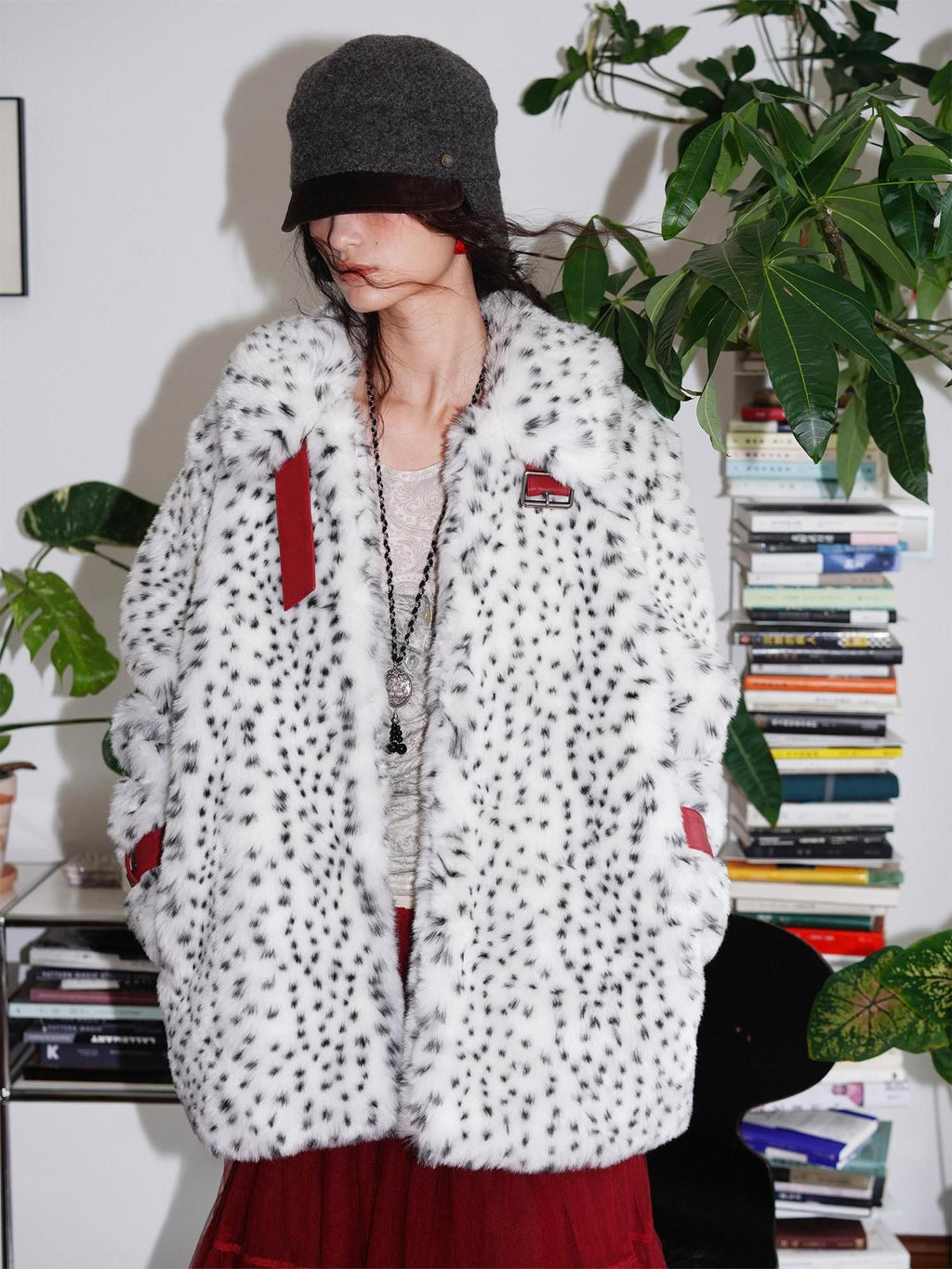 badtaste Western Polka Dot Colorblock Women's Plush Midlength Loose Fit Faux Fur Coats