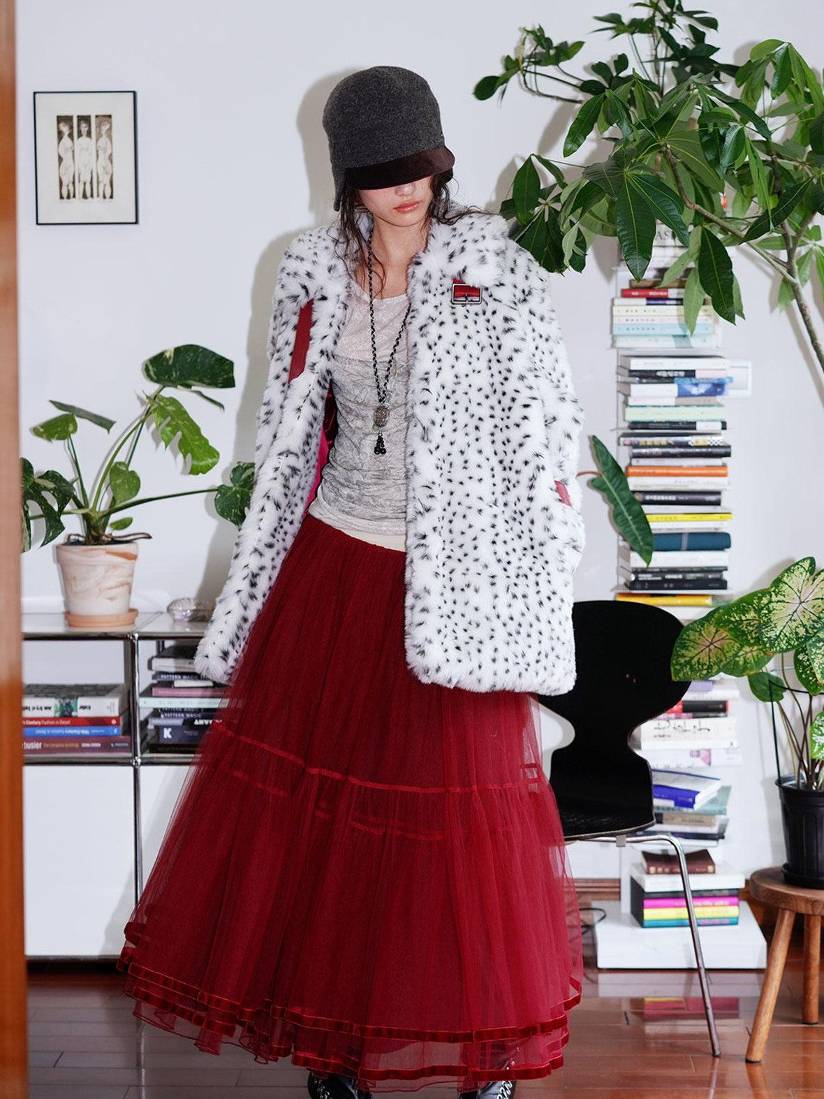 badtaste Western Polka Dot Colorblock Women's Plush Midlength Loose Fit Faux Fur Coats