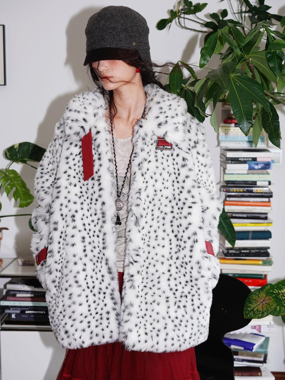 badtaste Western Polka Dot Colorblock Women's Plush Midlength Loose Fit Faux Fur Coats