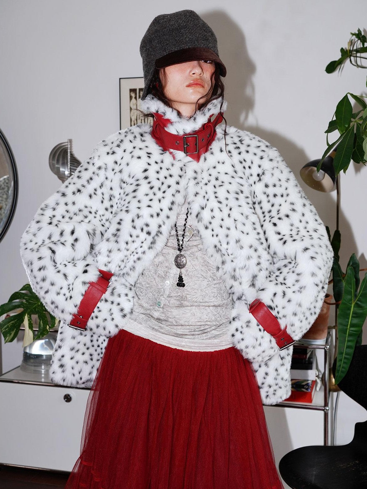 badtaste Western Polka Dot Colorblock Women's Plush Midlength Loose Fit Faux Fur Coats