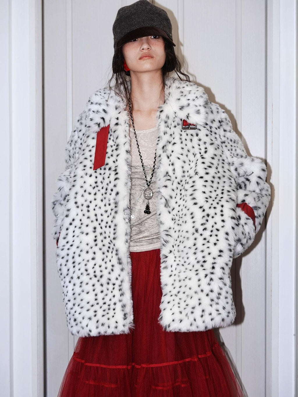badtaste Western Polka Dot Colorblock Women's Plush Midlength Loose Fit Faux Fur Coats