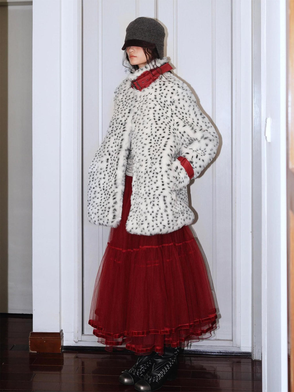 badtaste Western Polka Dot Colorblock Women's Plush Midlength Loose Fit Faux Fur Coats