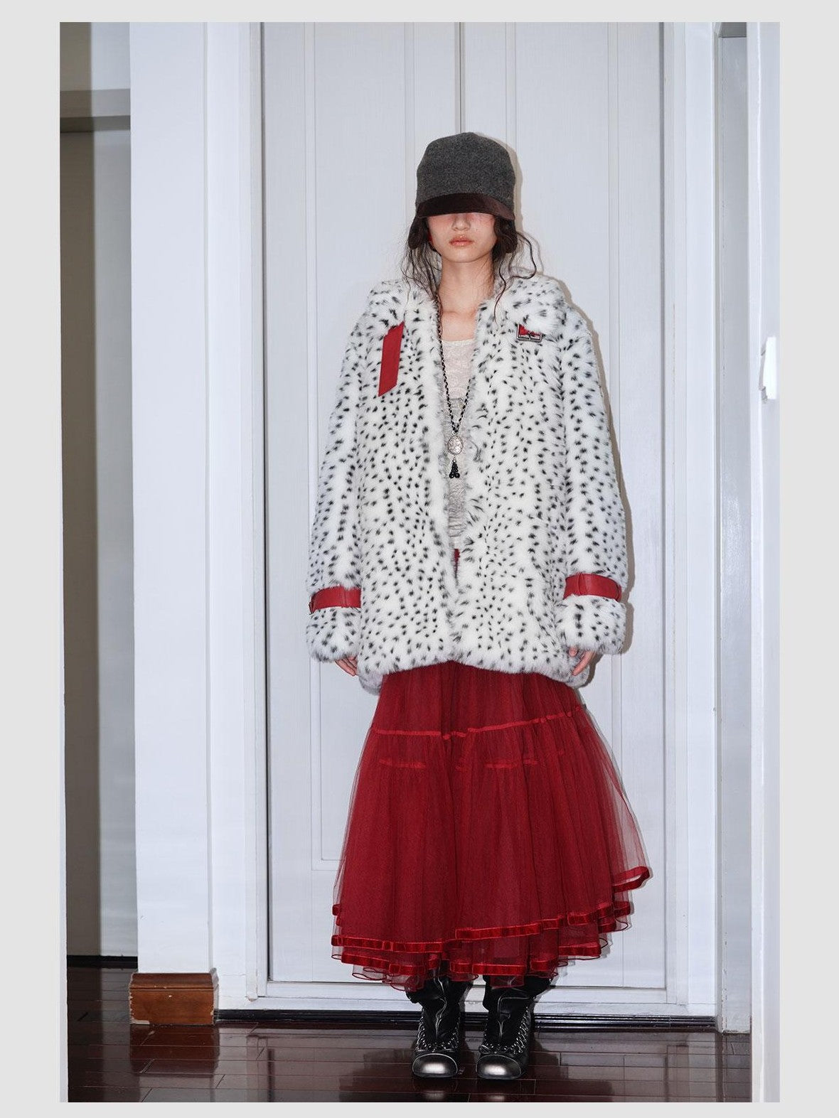 badtaste Western Polka Dot Colorblock Women's Plush Midlength Loose Fit Faux Fur Coats