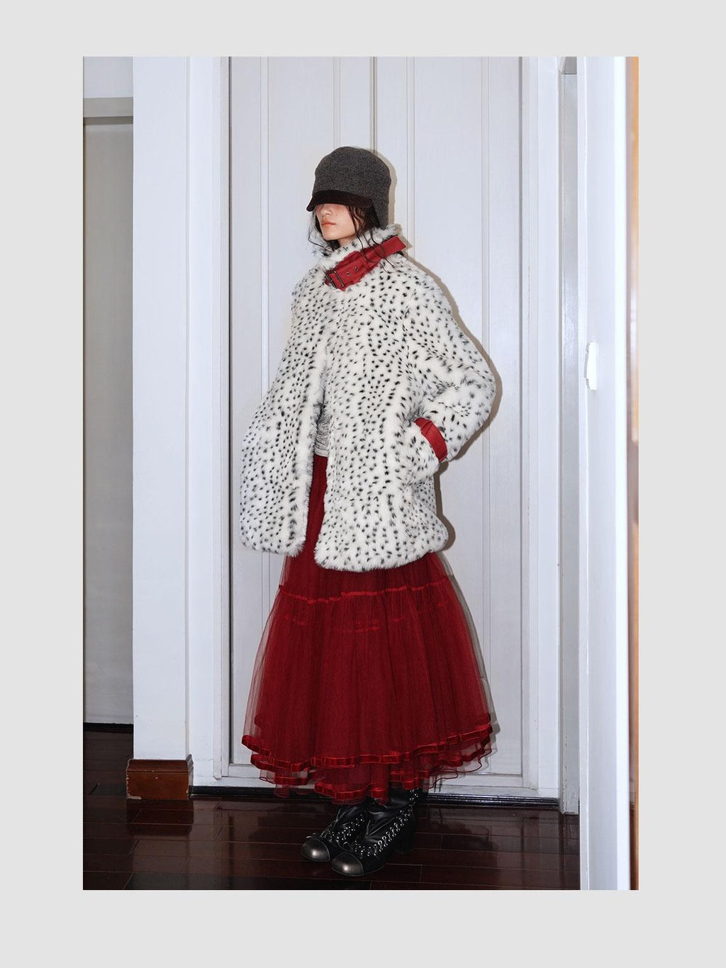 badtaste Western Polka Dot Colorblock Women's Plush Midlength Loose Fit Faux Fur Coats