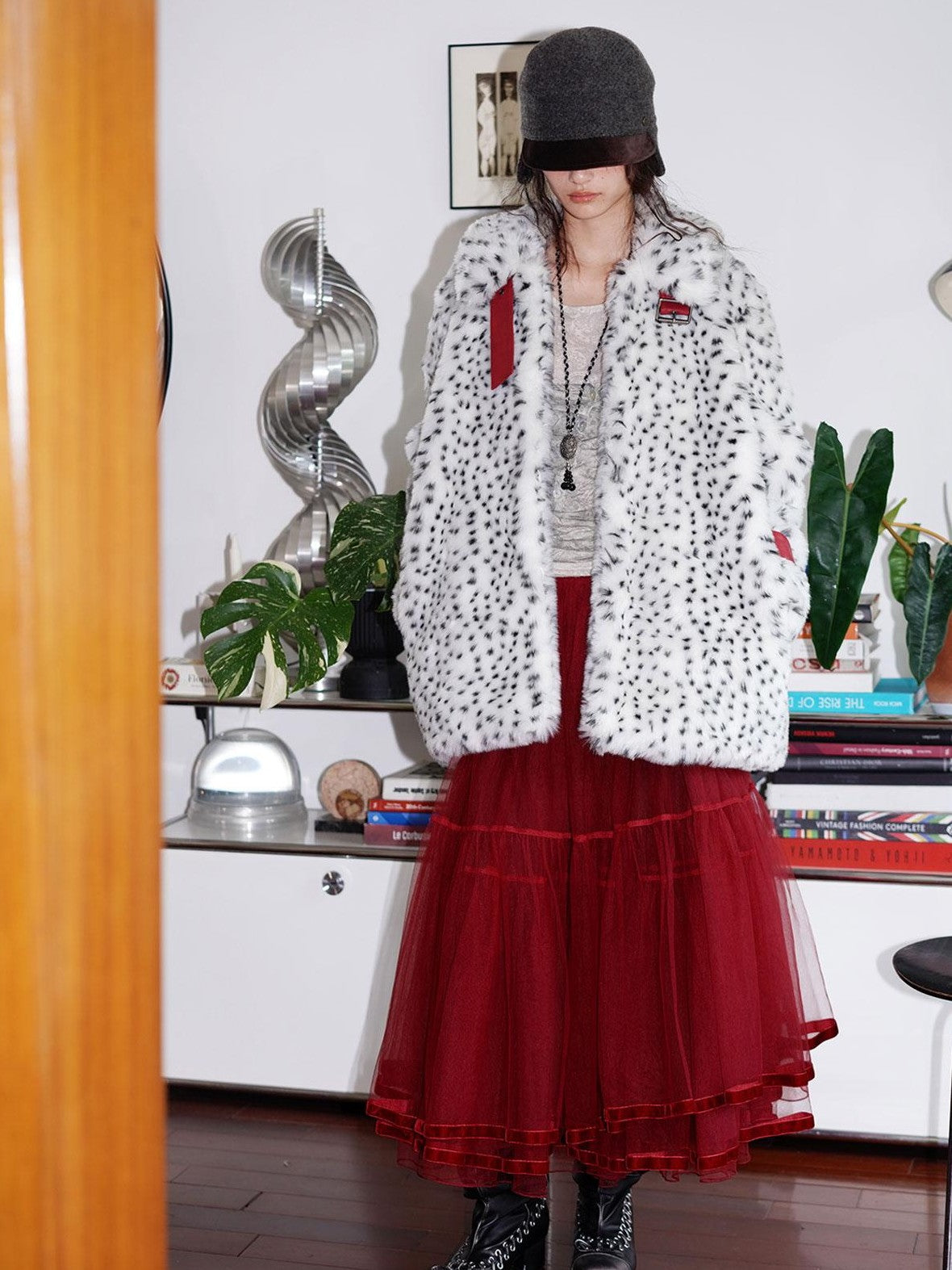 badtaste Western Polka Dot Colorblock Women's Plush Midlength Loose Fit Faux Fur Coats