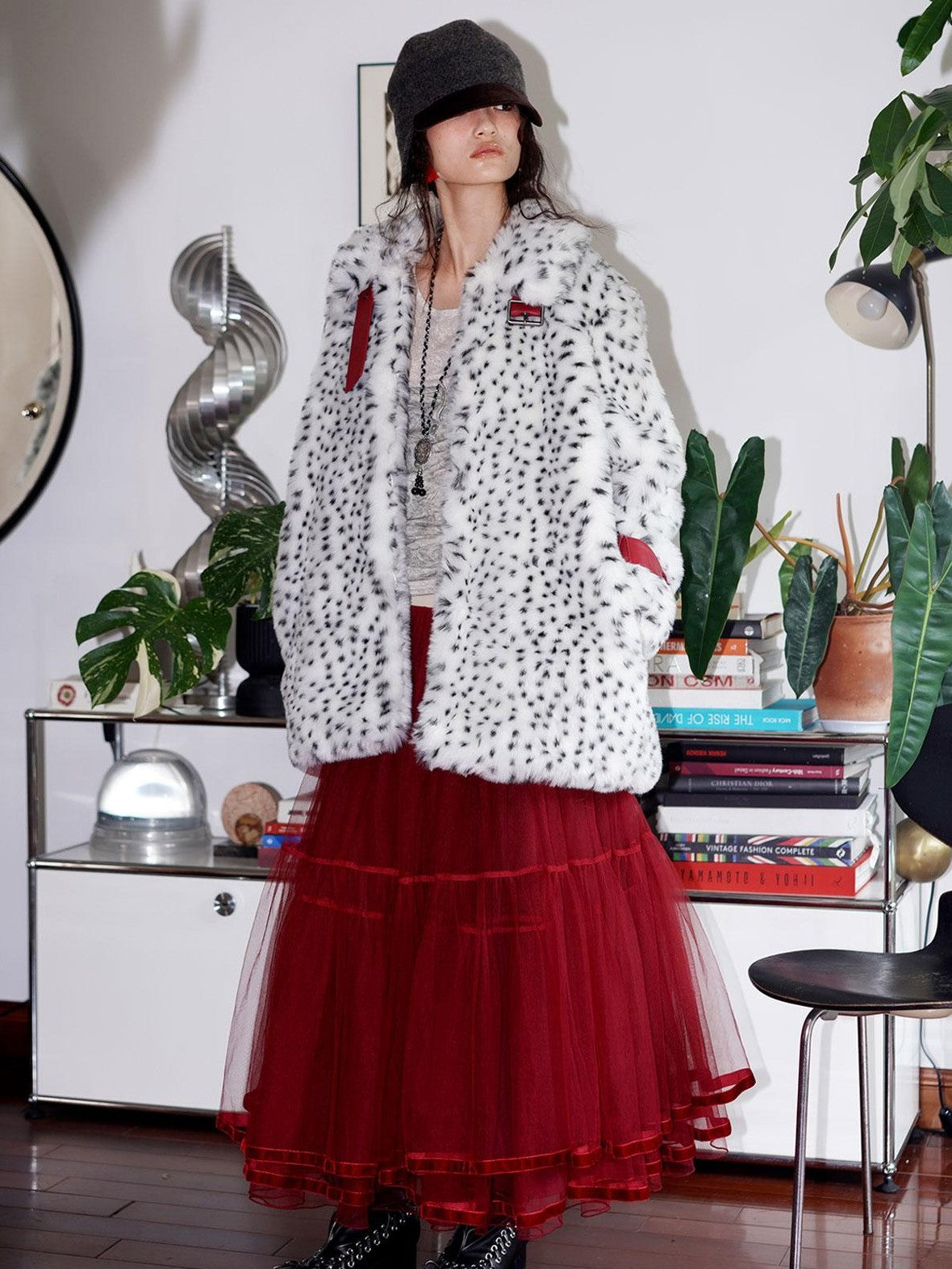 badtaste Western Polka Dot Colorblock Women's Plush Midlength Loose Fit Faux Fur Coats