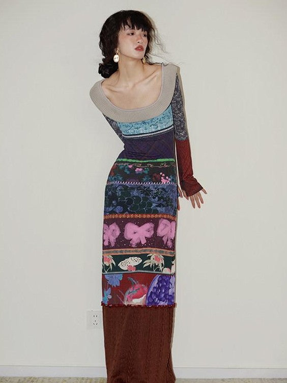 badtaste Western Printed Patchwork Slim Women's Rib Knit Casual Maxi Dresses