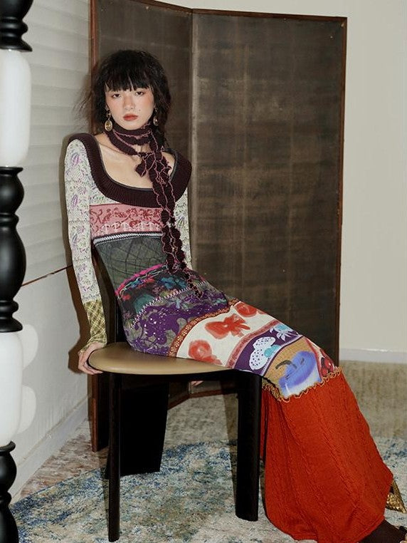 badtaste Western Printed Patchwork Slim Women's Rib Knit Casual Maxi Dresses