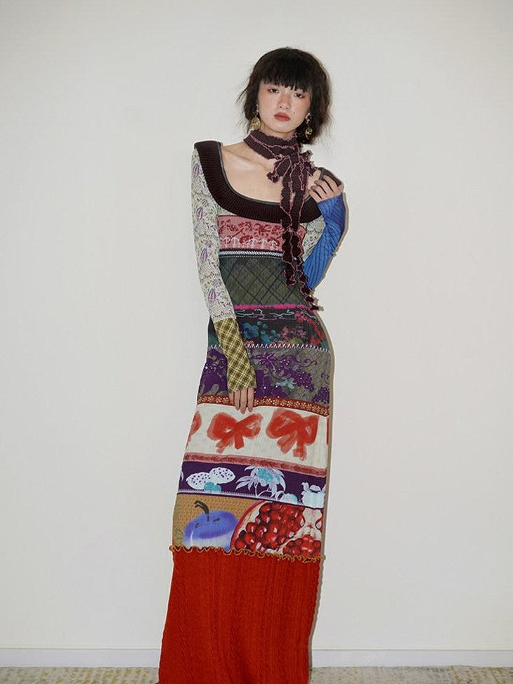 badtaste Western Printed Patchwork Slim Women's Rib Knit Casual Maxi Dresses