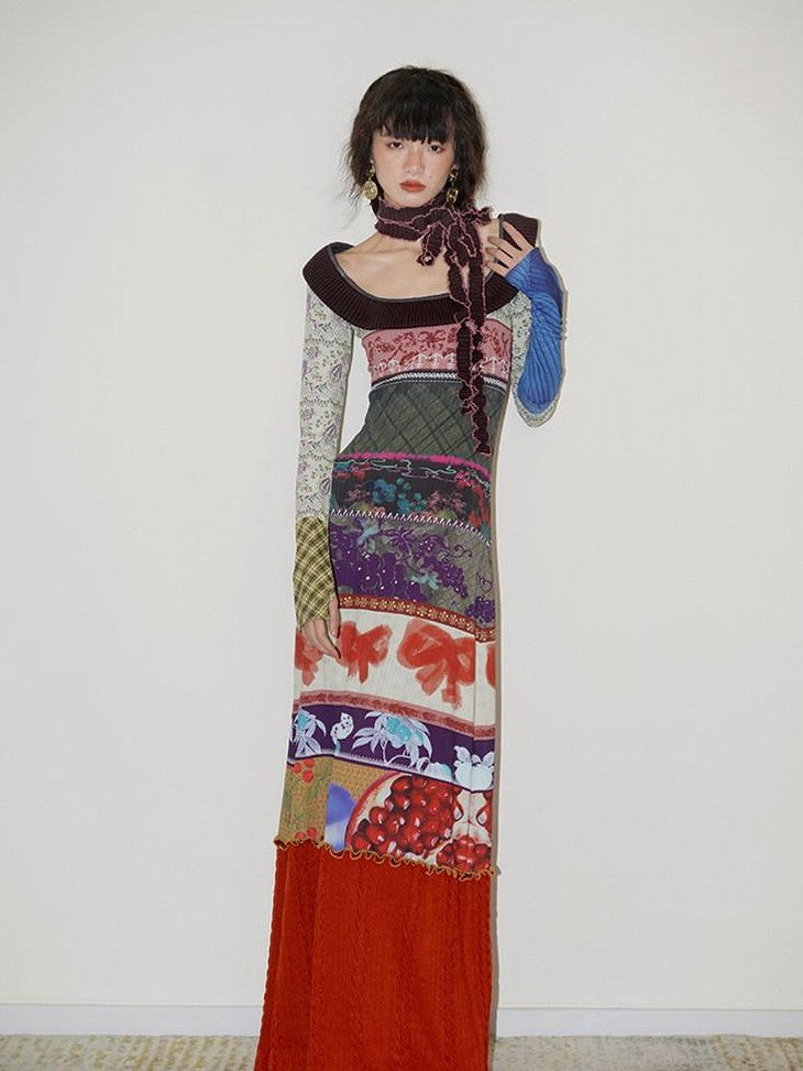 badtaste Western Printed Patchwork Slim Women's Rib Knit Casual Maxi Dresses