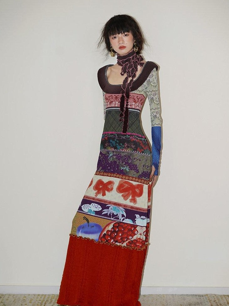 badtaste Western Printed Patchwork Slim Women's Rib Knit Casual Maxi Dresses