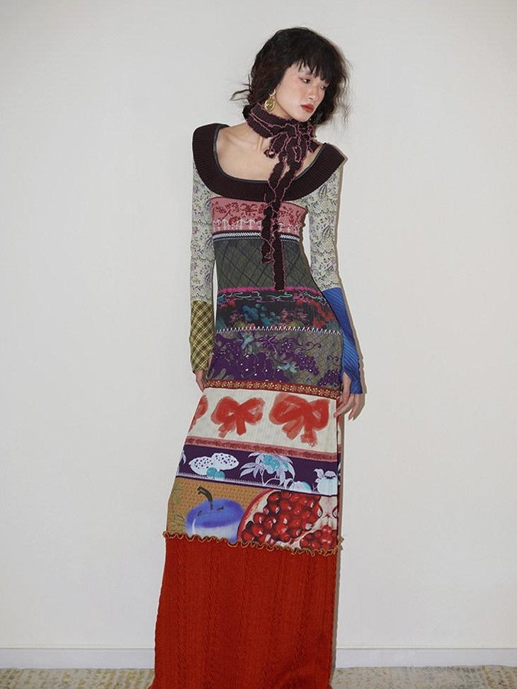 badtaste Western Printed Patchwork Slim Women's Rib Knit Casual Maxi Dresses