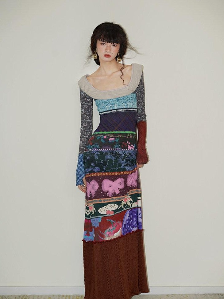 badtaste Western Printed Patchwork Slim Women's Rib Knit Casual Maxi Dresses
