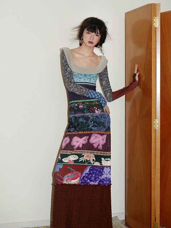 badtaste Western Printed Patchwork Slim Women's Rib Knit Casual Maxi Dresses