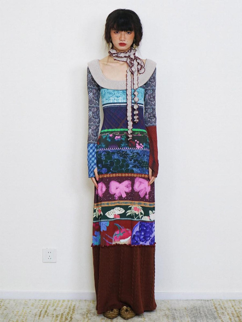 badtaste Western Printed Patchwork Slim Women's Rib Knit Casual Maxi Dresses