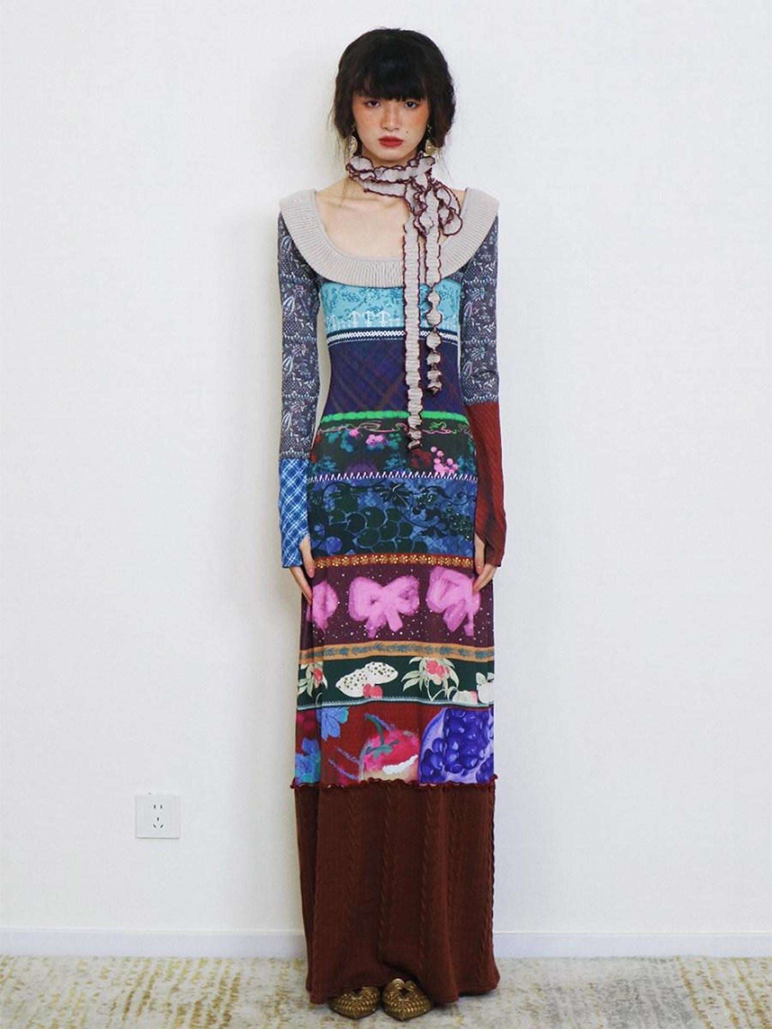 badtaste Western Printed Patchwork Slim Women's Rib Knit Casual Maxi Dresses