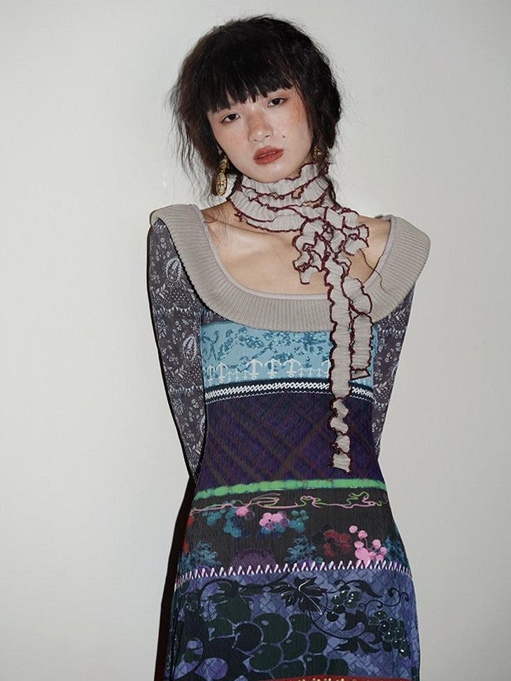 badtaste Western Printed Patchwork Slim Women's Rib Knit Casual Maxi Dresses