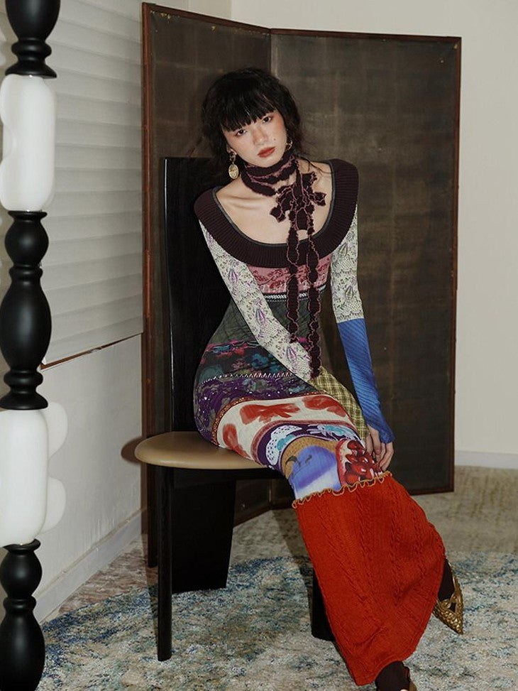 badtaste Western Printed Patchwork Slim Women's Rib Knit Casual Maxi Dresses
