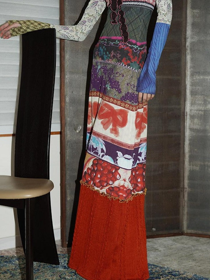 badtaste Western Printed Patchwork Slim Women's Rib Knit Casual Maxi Dresses