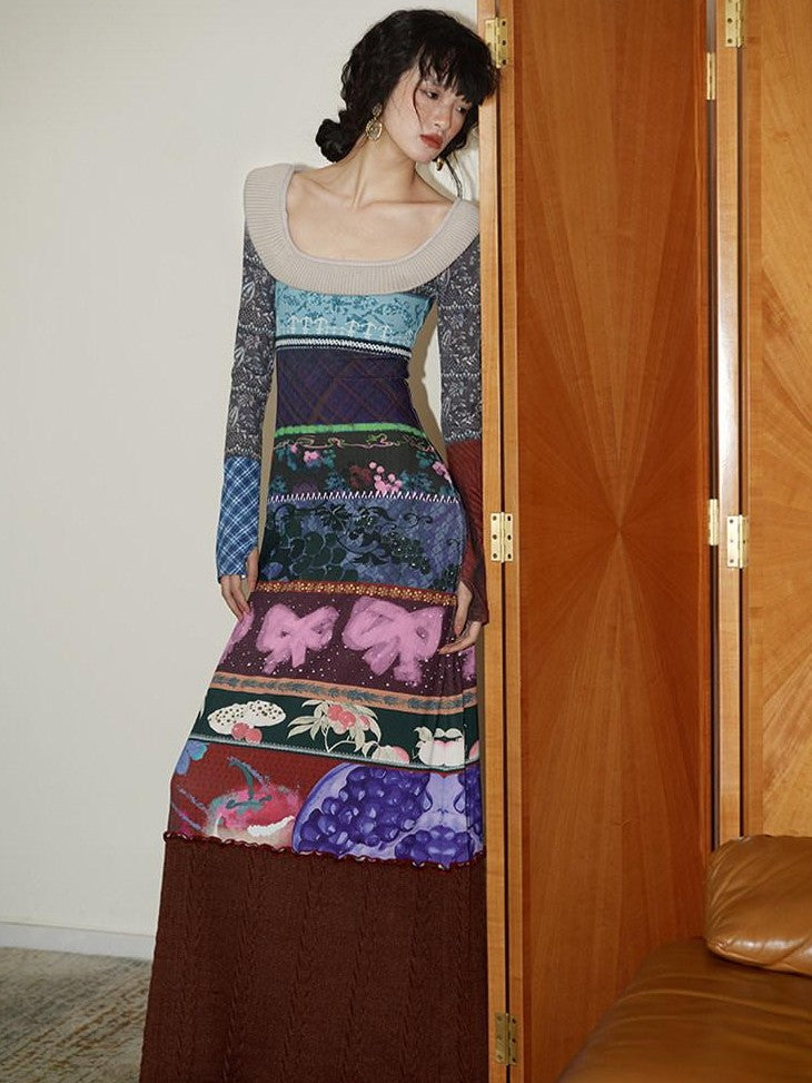 badtaste Western Printed Patchwork Slim Women's Rib Knit Casual Maxi Dresses