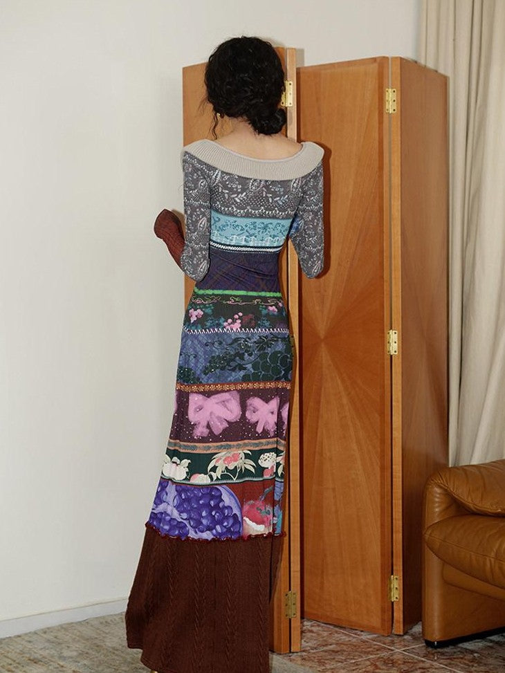 badtaste Western Printed Patchwork Slim Women's Rib Knit Casual Maxi Dresses