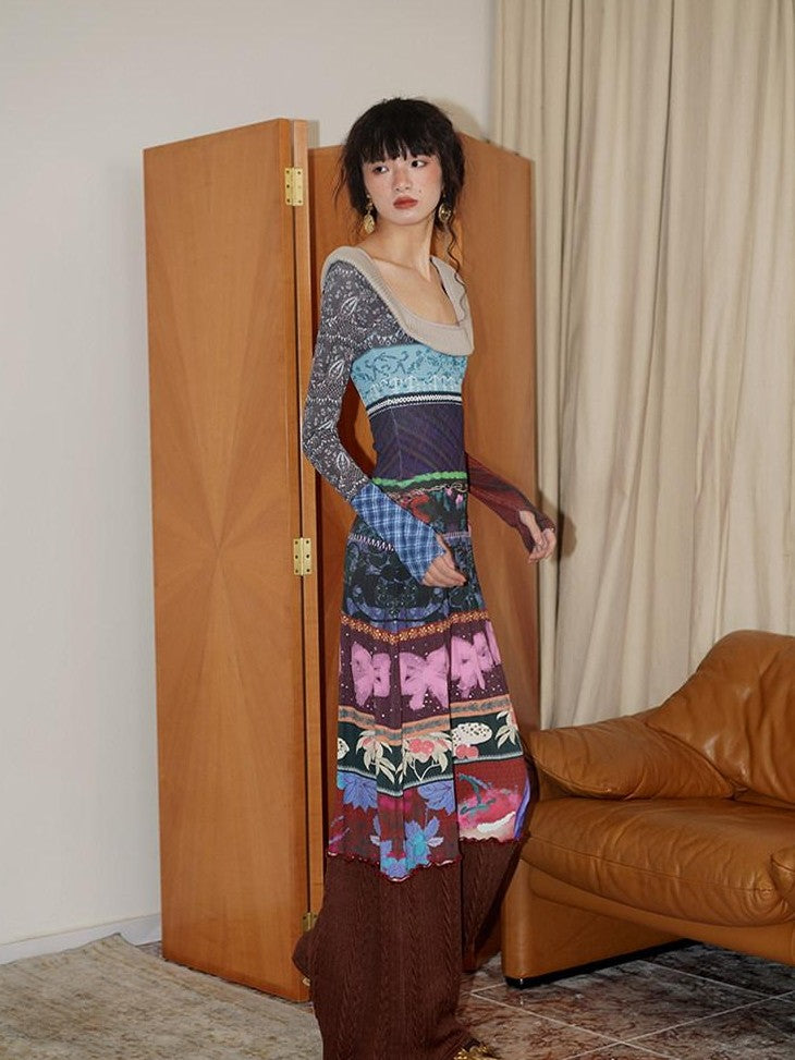 badtaste Western Printed Patchwork Slim Women's Rib Knit Casual Maxi Dresses