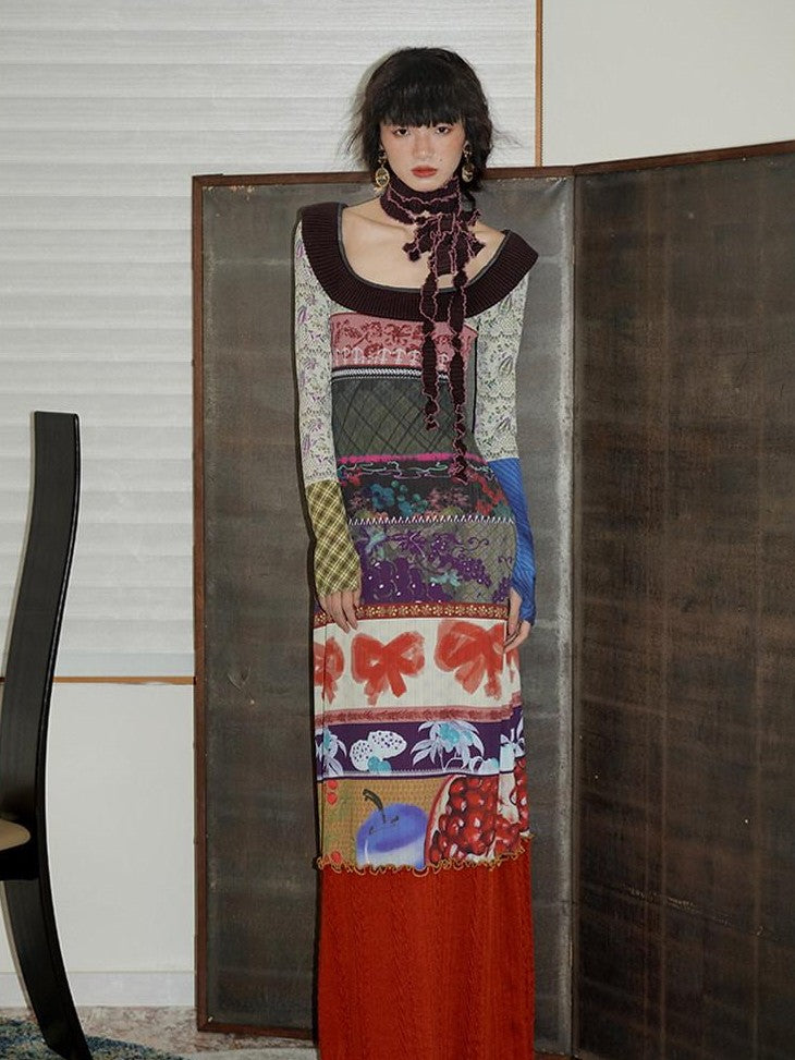 badtaste Western Printed Patchwork Slim Women's Rib Knit Casual Maxi Dresses