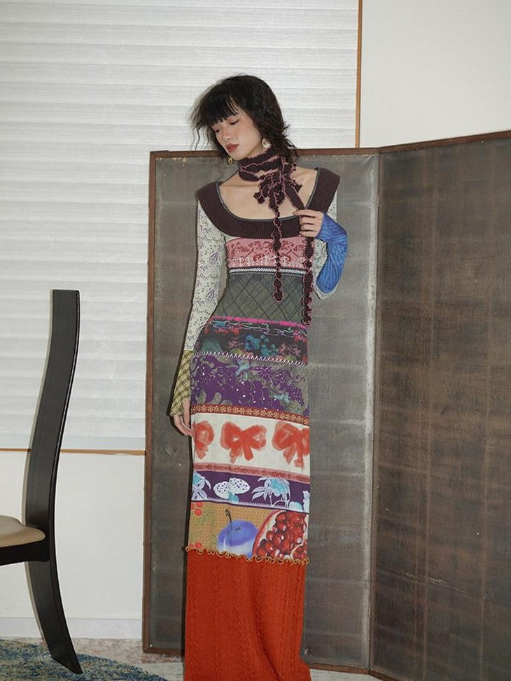 badtaste Western Printed Patchwork Slim Women's Rib Knit Casual Maxi Dresses