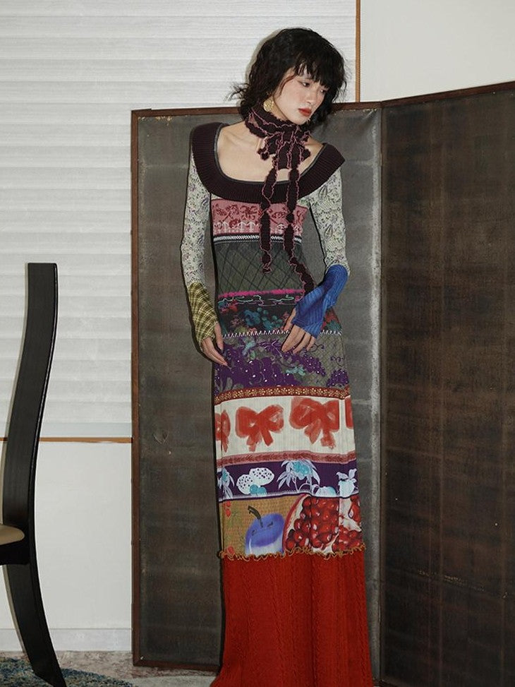 badtaste Western Printed Patchwork Slim Women's Rib Knit Casual Maxi Dresses