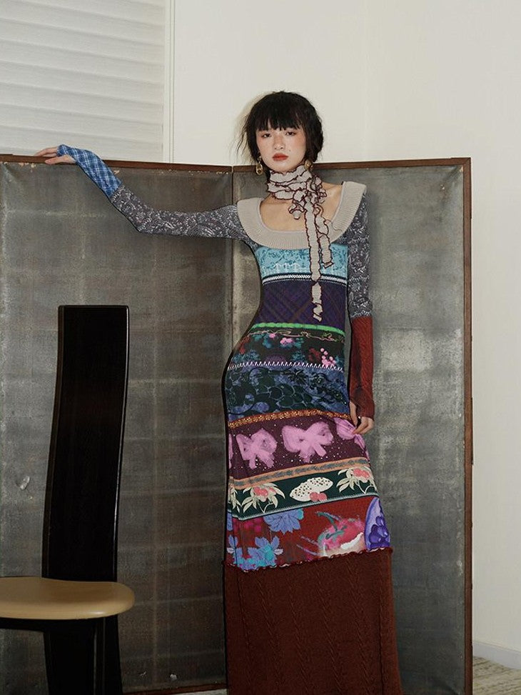 badtaste Western Printed Patchwork Slim Women's Rib Knit Casual Maxi Dresses