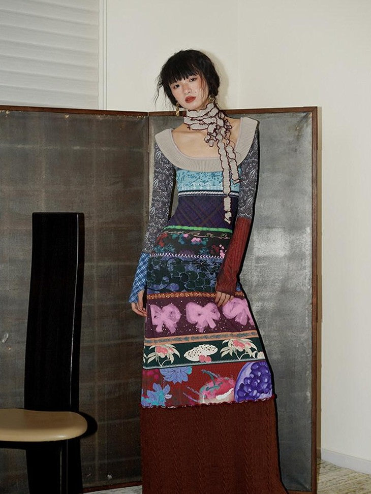 badtaste Western Printed Patchwork Slim Women's Rib Knit Casual Maxi Dresses