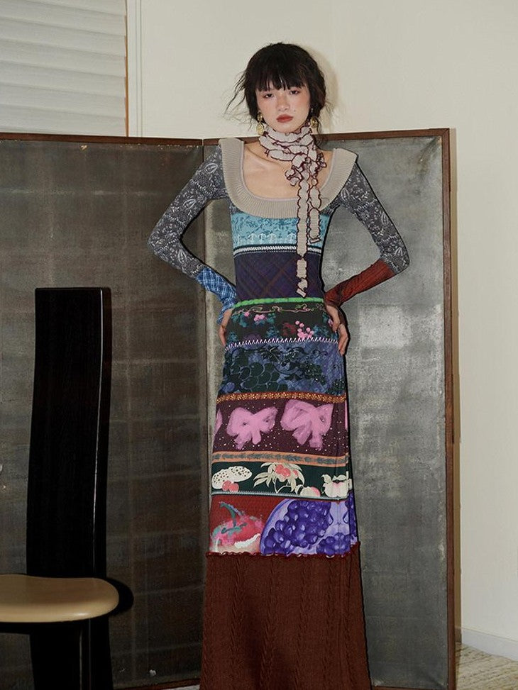 badtaste Western Printed Patchwork Slim Women's Rib Knit Casual Maxi Dresses