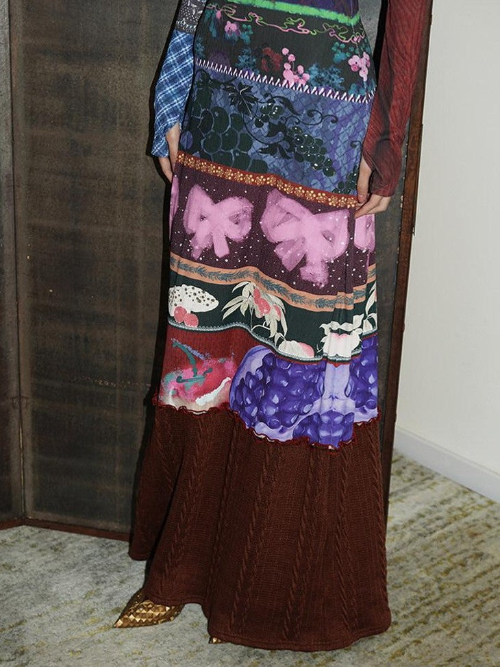 badtaste Western Printed Patchwork Slim Women's Rib Knit Casual Maxi Dresses