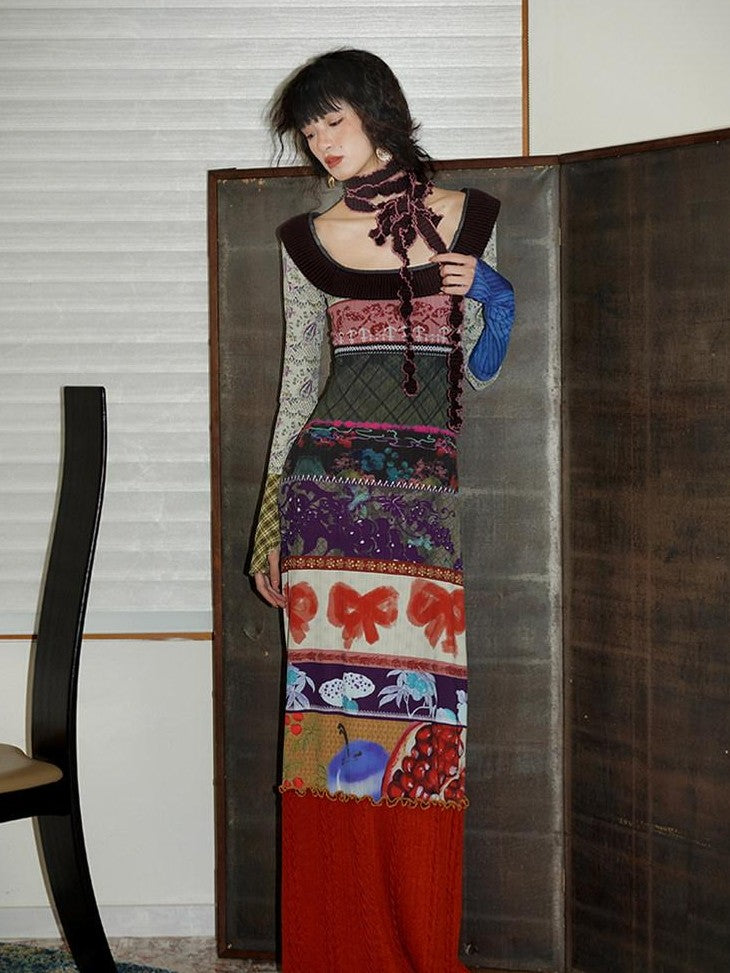 badtaste Western Printed Patchwork Slim Women's Rib Knit Casual Maxi Dresses