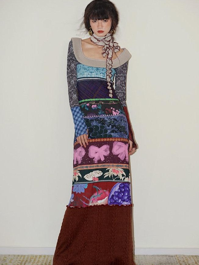 badtaste Western Printed Patchwork Slim Women's Rib Knit Casual Maxi Dresses