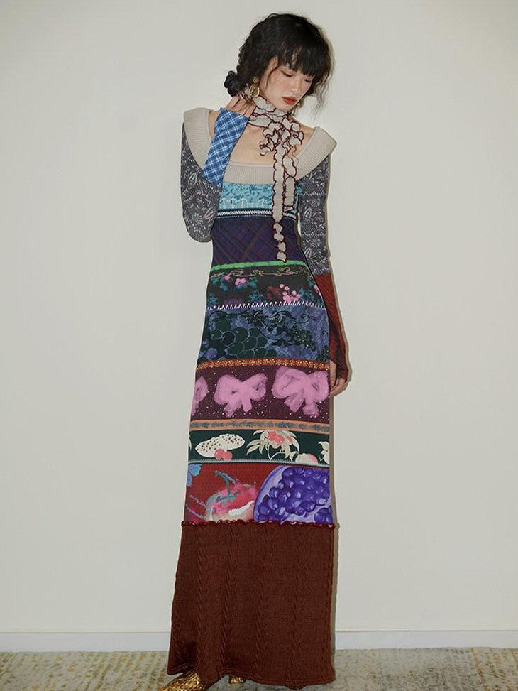 badtaste Western Printed Patchwork Slim Women's Rib Knit Casual Maxi Dresses