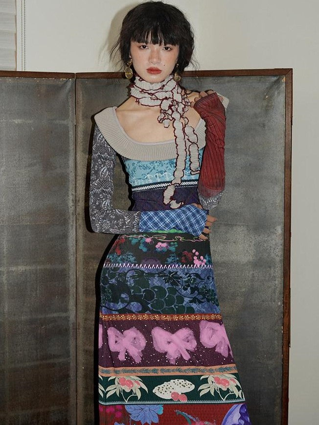 badtaste Western Printed Patchwork Slim Women's Rib Knit Casual Maxi Dresses