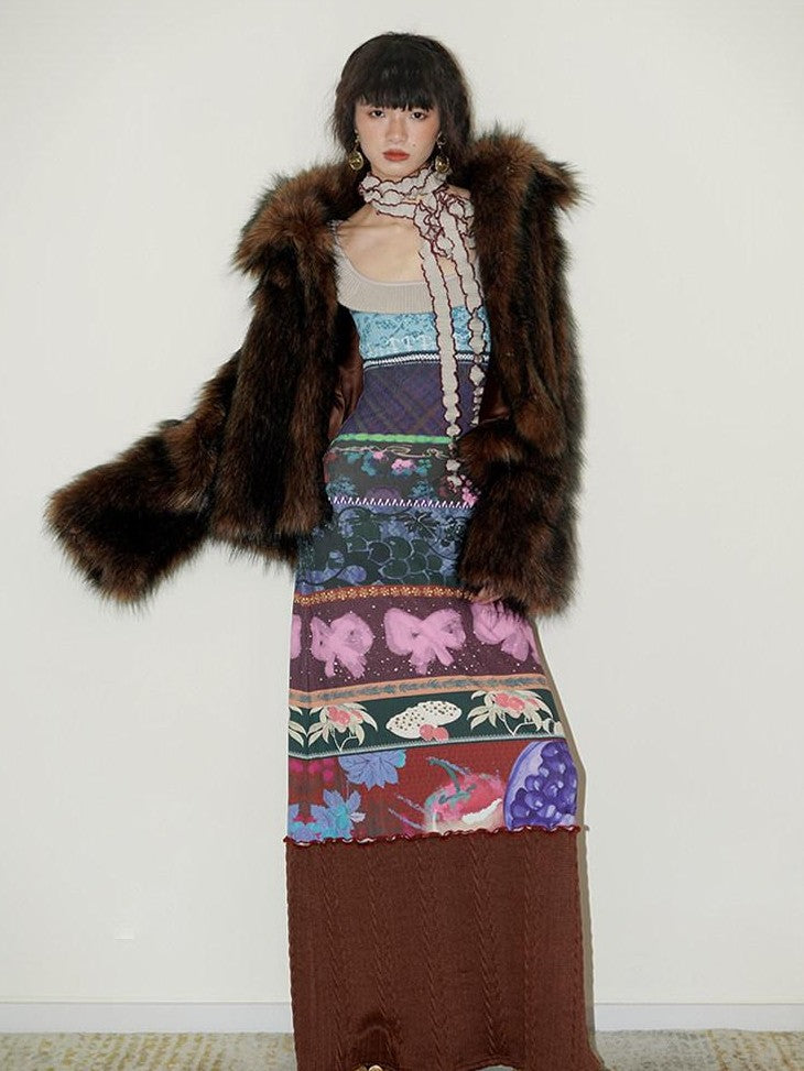 badtaste Western Printed Patchwork Slim Women's Rib Knit Casual Maxi Dresses