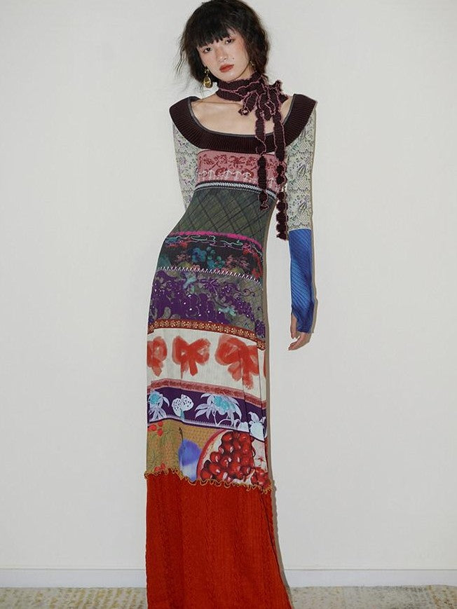 badtaste Western Printed Patchwork Slim Women's Rib Knit Casual Maxi Dresses