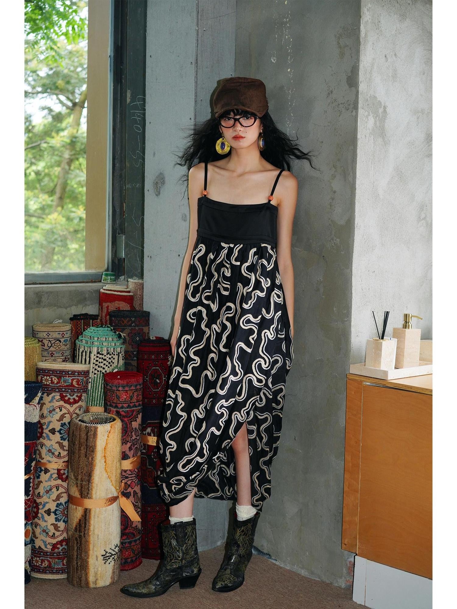 badtaste Western Resort Loose Women's Tencel Jacquard Slip Midi Dresses