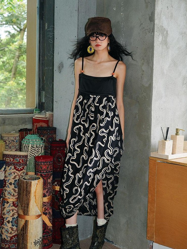 badtaste Western Resort Loose Women's Tencel Jacquard Slip Midi Dresses