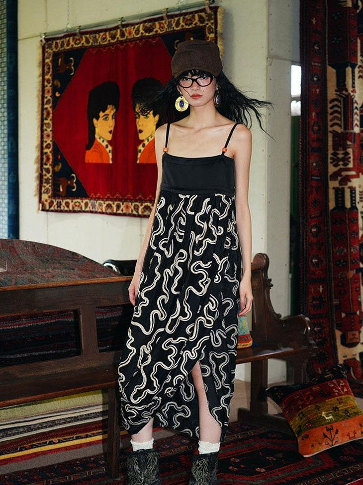 badtaste Western Resort Loose Women's Tencel Jacquard Slip Midi Dresses
