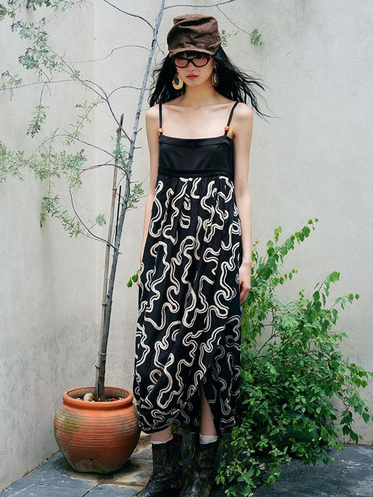 badtaste Western Resort Loose Women's Tencel Jacquard Slip Midi Dresses