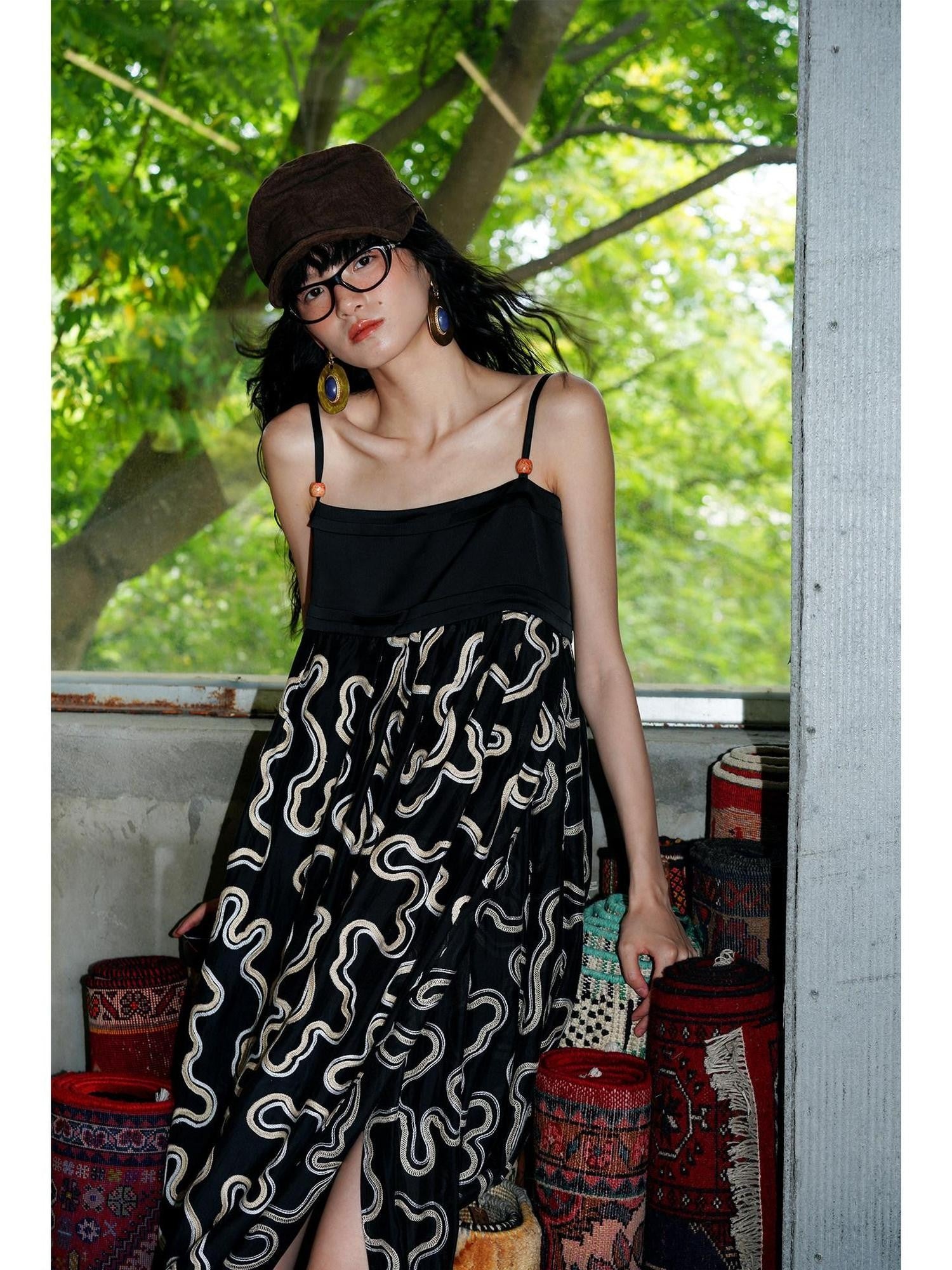 badtaste Western Resort Loose Women's Tencel Jacquard Slip Midi Dresses