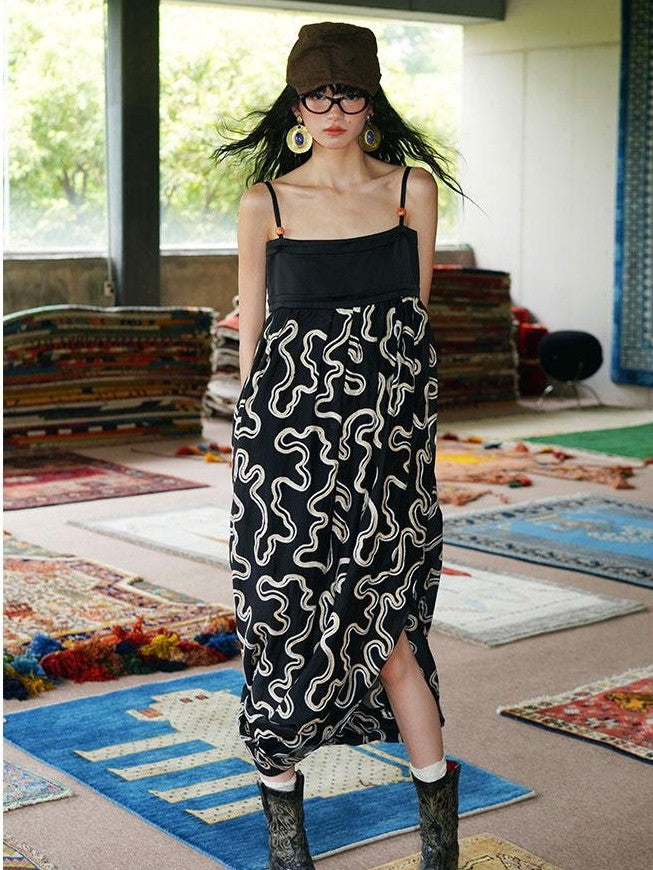 badtaste Western Resort Loose Women's Tencel Jacquard Slip Midi Dresses
