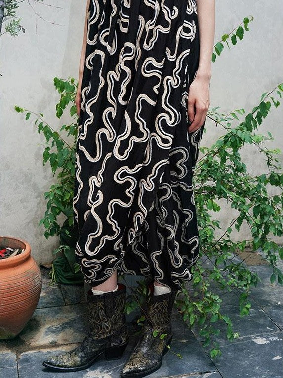 badtaste Western Resort Loose Women's Tencel Jacquard Slip Midi Dresses