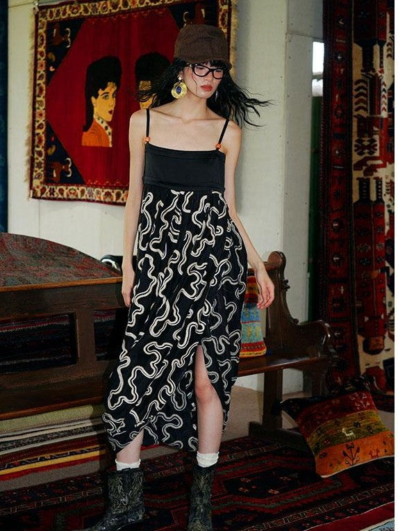 badtaste Western Resort Loose Women's Tencel Jacquard Slip Midi Dresses