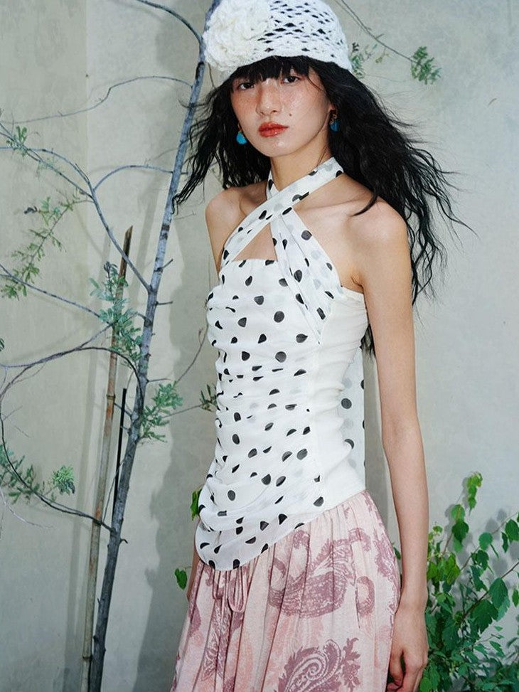 badtaste Western Retro Colorblock Polka Dot Tie Back Women's Halter Tops